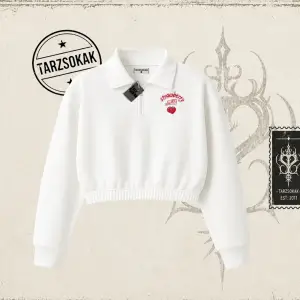 Unisex Strawberry Milk Kadın Crop Polo Yaka Yarım Fermuarlı Sweatshirt Beyaz