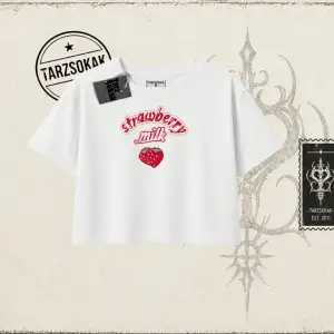 Unisex Strawberry Milk Kadın Crop Tişört Beyaz