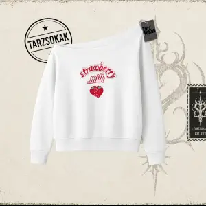 Unisex Strawberry Milk Kadın Kayık Yaka Sweatshirt Beyaz