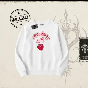 Unisex Strawberry Milk Oversize Unisex Bisiklet Yaka Sweatshirt Beyaz