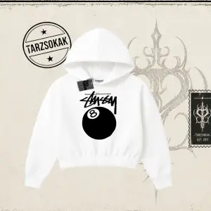 Unisex Stüssy 8Ball Kadın Crop Kapşonlu Sweatshirt Beyaz