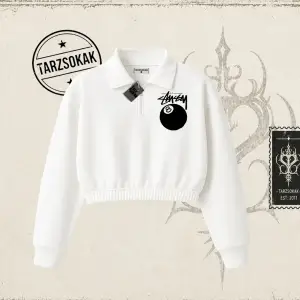 Unisex Stüssy 8Ball Kadın Crop Polo Yaka Yarım Fermuarlı Sweatshirt Beyaz