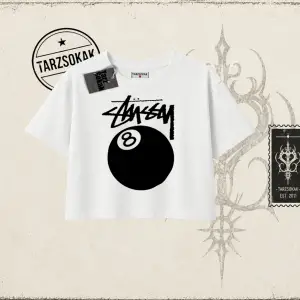Unisex Stüssy 8Ball Kadın Crop Tişört Beyaz