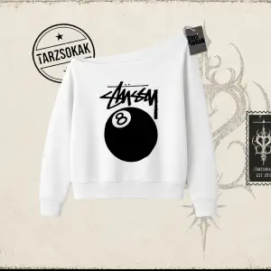 Unisex Stüssy 8Ball Kadın Kayık Yaka Sweatshirt Beyaz