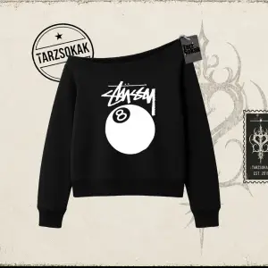 Unisex Stüssy 8Ball Kadın Kayık Yaka Sweatshirt Beyaz
