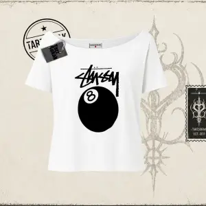 Unisex Stüssy 8Ball Kadın Kayık Yaka Tişört Beyaz