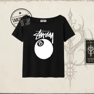 Unisex Stüssy 8Ball Kadın Kayık Yaka Tişört Beyaz