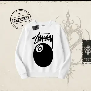 Unisex Stüssy 8Ball Oversize Unisex Bisiklet Yaka Sweatshirt Beyaz