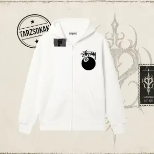 Unisex Stüssy 8Ball Oversize Unisex Hırka & Çeket Fermuarlı Sweatshirt Beyaz