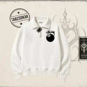 Unisex Stüssy 8Ball Unisex Polo Yaka Yarım Fermuarlı Sweatshirt Beyaz