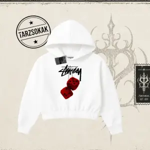 Unisex Stüssy Zar Kadın Crop Kapşonlu Sweatshirt Beyaz