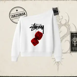 Unisex Stüssy Zar Kadın Kayık Yaka Sweatshirt Beyaz