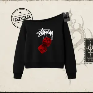 Unisex Stüssy Zar Kadın Kayık Yaka Sweatshirt Beyaz
