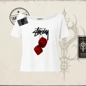 Unisex Stüssy Zar Kadın Kayık Yaka Tişört Beyaz
