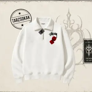 Unisex Stüssy Zar Unisex Polo Yaka Yarım Fermuarlı Sweatshirt Beyaz