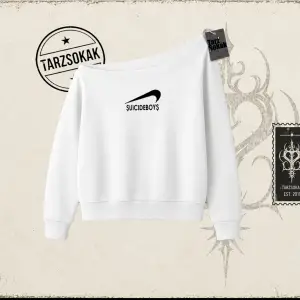 Unisex Suicedeboys Kadın Kayık Yaka Sweatshirt Beyaz