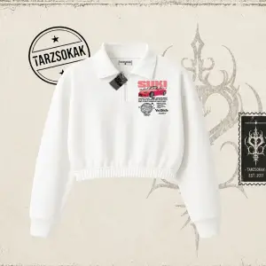 Unisex Suki Fast And Furious Kadın Crop Polo Yaka Yarım Fermuarlı Sweatshirt Beyaz