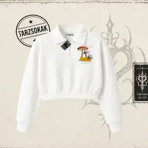 Unisex Sunny Sunday Kadın Crop Polo Yaka Yarım Fermuarlı Sweatshirt Beyaz