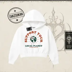 Unisex Support Your Kadın Crop Kapşonlu Sweatshirt Beyaz