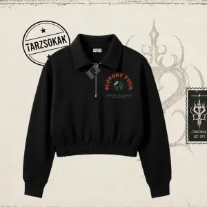 Unisex Support Your Kadın Crop Polo Yaka Yarım Fermuarlı Sweatshirt Beyaz