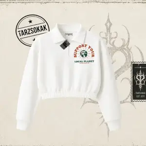 Unisex Support Your Kadın Crop Polo Yaka Yarım Fermuarlı Sweatshirt Beyaz