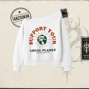 Unisex Support Your Kadın Kayık Yaka Sweatshirt Beyaz