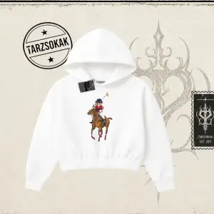 Unisex Teddy Horse Kadın Crop Kapşonlu Sweatshirt Beyaz