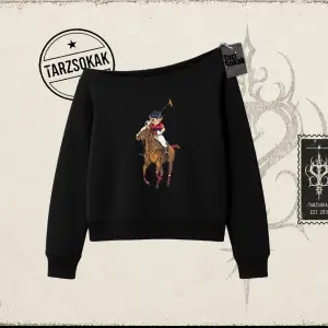 Unisex Teddy Horse Kadın Kayık Yaka Sweatshirt Beyaz