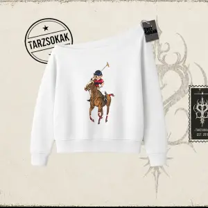 Unisex Teddy Horse Kadın Kayık Yaka Sweatshirt Beyaz
