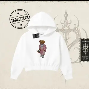 Unisex Teddy Kadın Crop Kapşonlu Sweatshirt Beyaz