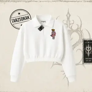 Unisex Teddy Kadın Crop Polo Yaka Yarım Fermuarlı Sweatshirt Beyaz