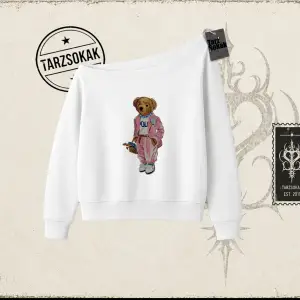 Unisex Teddy Kadın Kayık Yaka Sweatshirt Beyaz