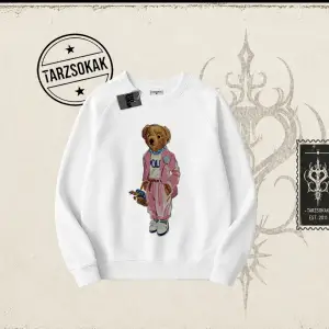 Unisex Teddy Oversize Unisex Bisiklet Yaka Sweatshirt Beyaz
