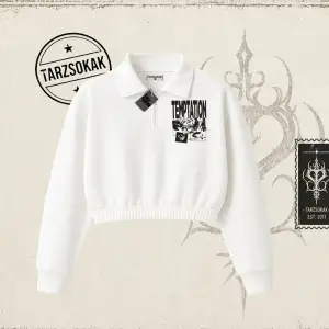 Unisex Temptation Tshirt Kadın Crop Polo Yaka Yarım Fermuarlı Sweatshirt Beyaz