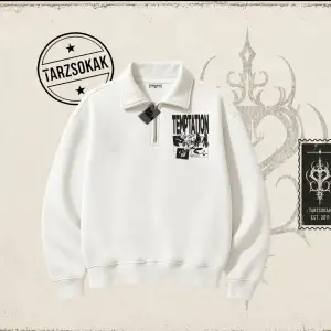 Unisex Temptation Tshirt Unisex Polo Yaka Yarım Fermuarlı Sweatshirt Beyaz