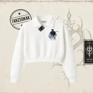Unisex Time Flies Kadın Crop Polo Yaka Yarım Fermuarlı Sweatshirt Beyaz