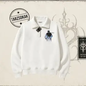 Unisex Time Flies Unisex Polo Yaka Yarım Fermuarlı Sweatshirt Beyaz