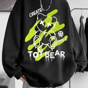 Unisex Toy Bear Baskılı Oversize Bisiklet Yaka Sweatshirt Siyah