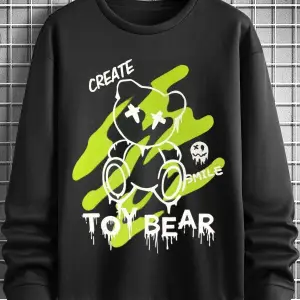 Unisex Toy Bear Baskılı Oversize Bisiklet Yaka Sweatshirt Siyah
