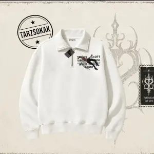 Unisex Travis Scott Astroworld 2018 Unisex Polo Yaka Yarım Fermuarlı Sweatshirt Beyaz