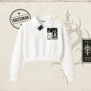 Unisex Trust Nobody Kadın Crop Polo Yaka Yarım Fermuarlı Sweatshirt Beyaz