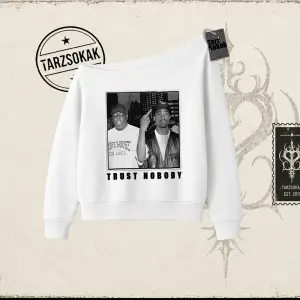 Unisex Trust Nobody Kadın Kayık Yaka Sweatshirt Beyaz