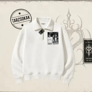 Unisex Trust Nobody Unisex Polo Yaka Yarım Fermuarlı Sweatshirt Beyaz