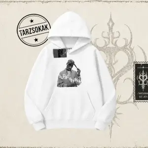 Unisex Tupac Shakur Oversize Unisex Kapşonlu Sweatshirt Beyaz