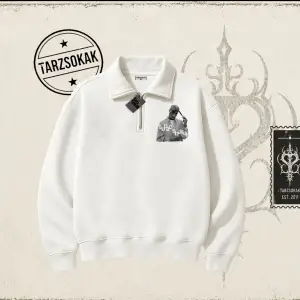 Unisex Tupac Shakur Unisex Polo Yaka Yarım Fermuarlı Sweatshirt Beyaz
