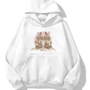 Unisex Two Rabbit with Flower Sweatshirt Beyaz