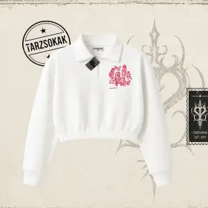 Unisex Tyyz Kadın Crop Polo Yaka Yarım Fermuarlı Sweatshirt Beyaz