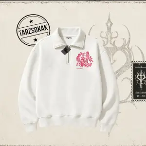 Unisex Tyyz Unisex Polo Yaka Yarım Fermuarlı Sweatshirt Beyaz