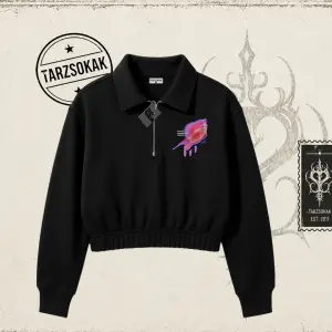 Unisex Ungrateful Kadın Crop Polo Yaka Yarım Fermuarlı Sweatshirt Beyaz