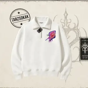Unisex Ungrateful Unisex Polo Yaka Yarım Fermuarlı Sweatshirt Beyaz